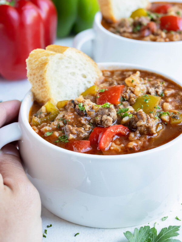 Stuffed pepper soup is enjoyed for a hearty and cozy dinner.