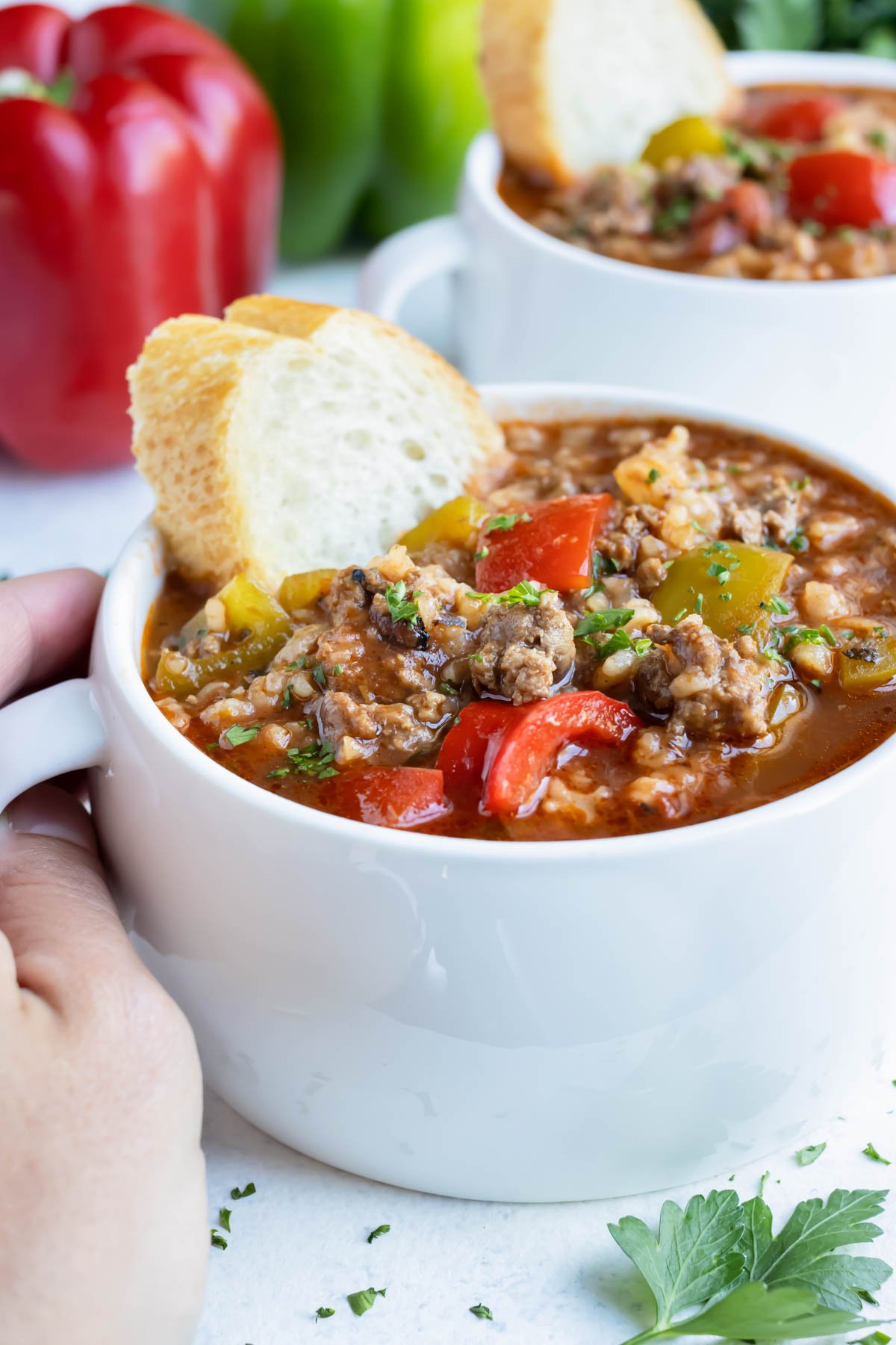 Stuffed pepper soup is enjoyed for a hearty and cozy dinner.