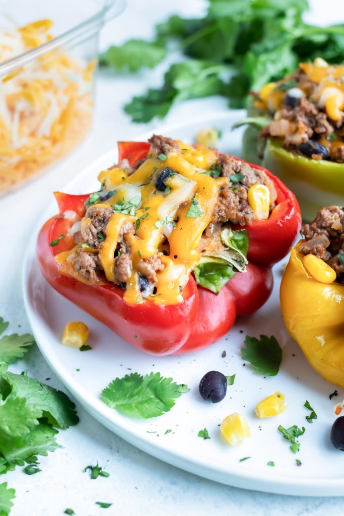 A red Mexican stuffed pepper half on a plate with melted cheese and fresh cilantro for a low-carb dinner.