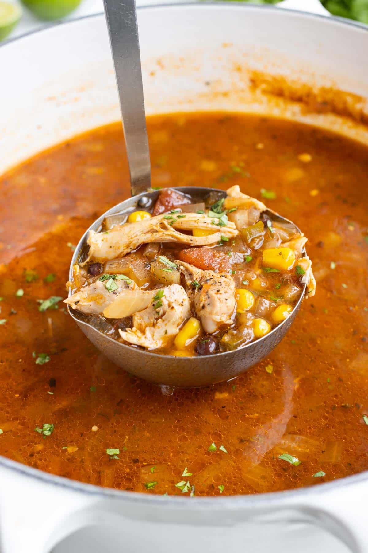 A ladle scoops delicious chicken taco soup out of the pot.
