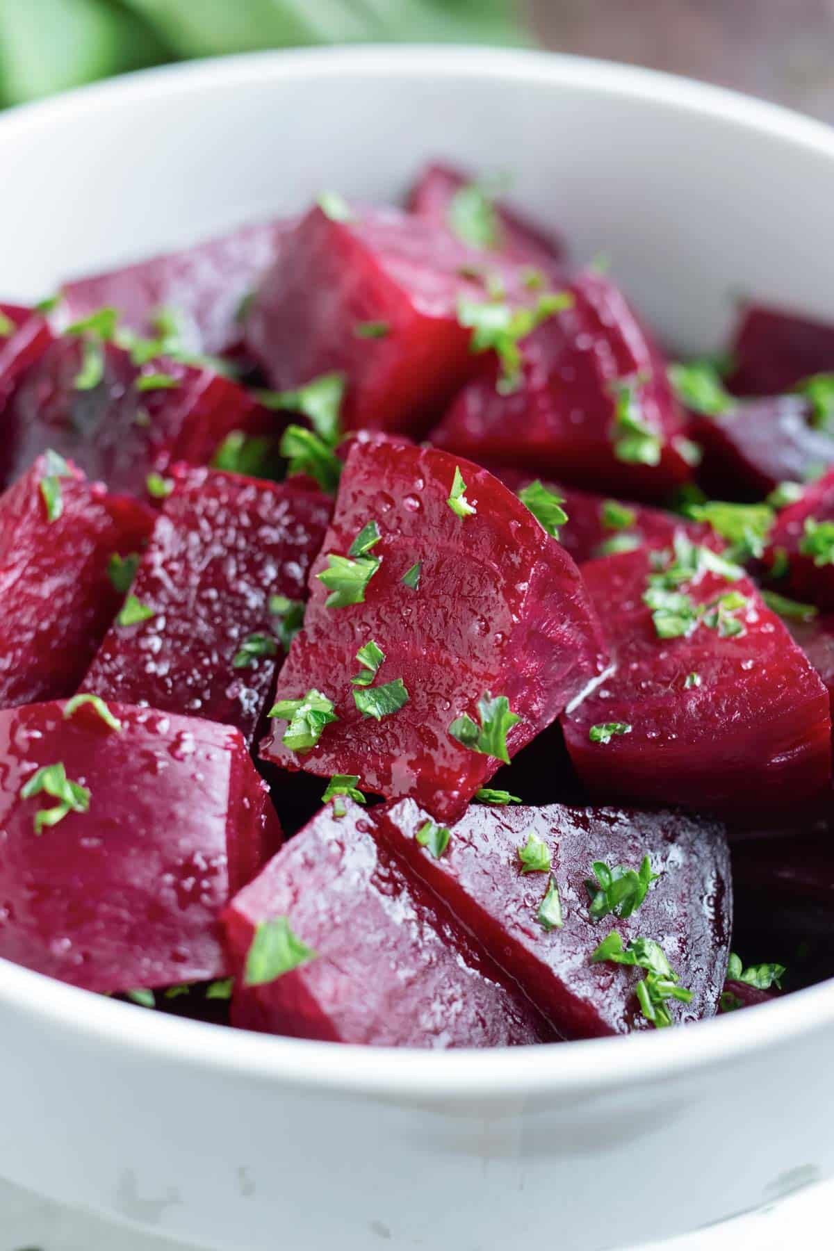 Tender beets are chopped after being boiled and peeled.