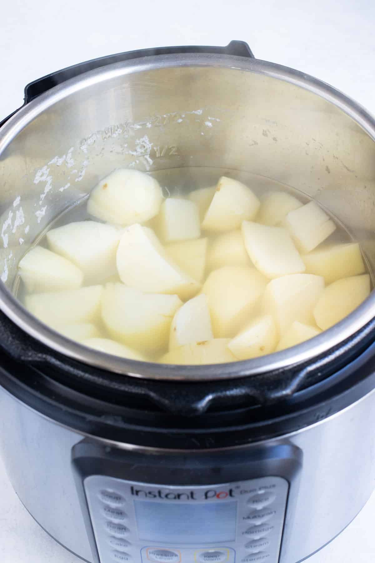 Potatoes are fork-tender after cooking.