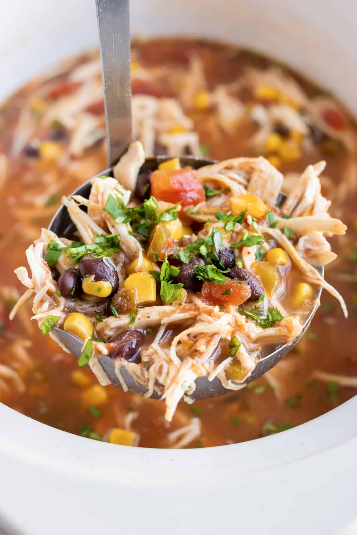 A ladle scooping out healthy tortilla soup from a slow cooker.
