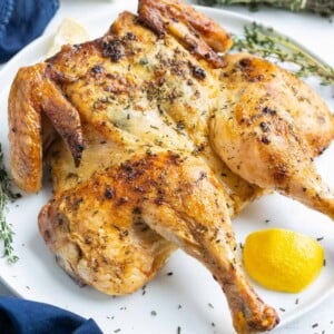 Season spatchcock chicken with garlic herb butter and lemons.