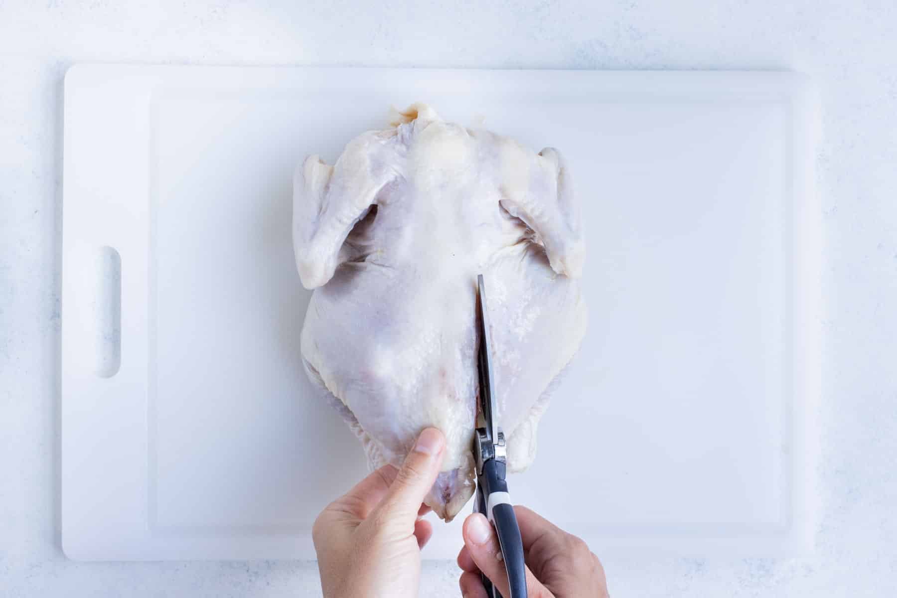 Scissors cut along the spine of a whole chicken.