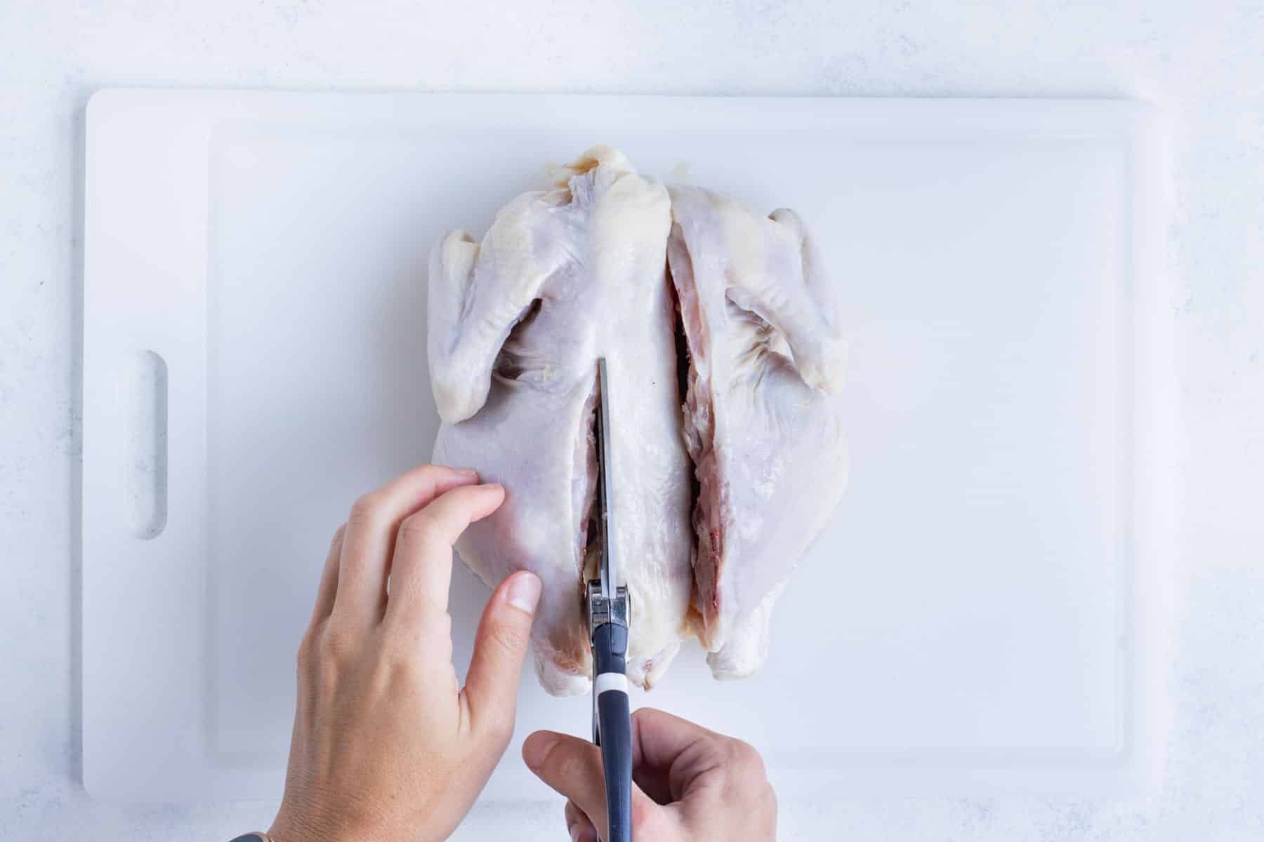 Kitchen shears cut both sides of the spine in a chicken.