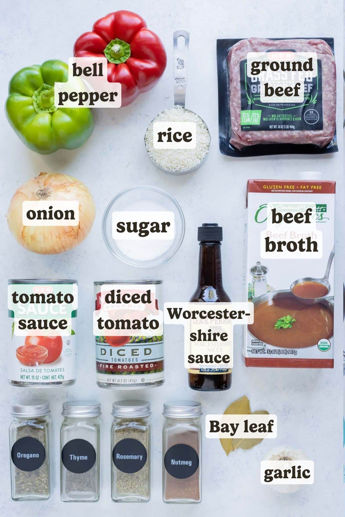 Bell peppers, onion, canned tomatoes, ground meat, vegetable broth, seasonings, rise, and worcershire sauce are the ingredients in this soup recipe.