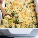 A baking dish full of Brussels Sprouts au Gratin.