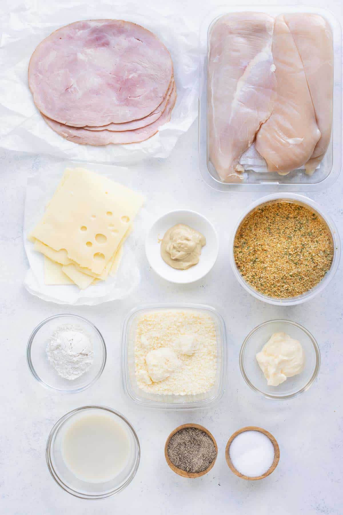 Chicken, ham, Swiss cheese, mayo, mustard, flour, breadcrumbs, and seasonings are the ingredients for chicken cordon bleu.