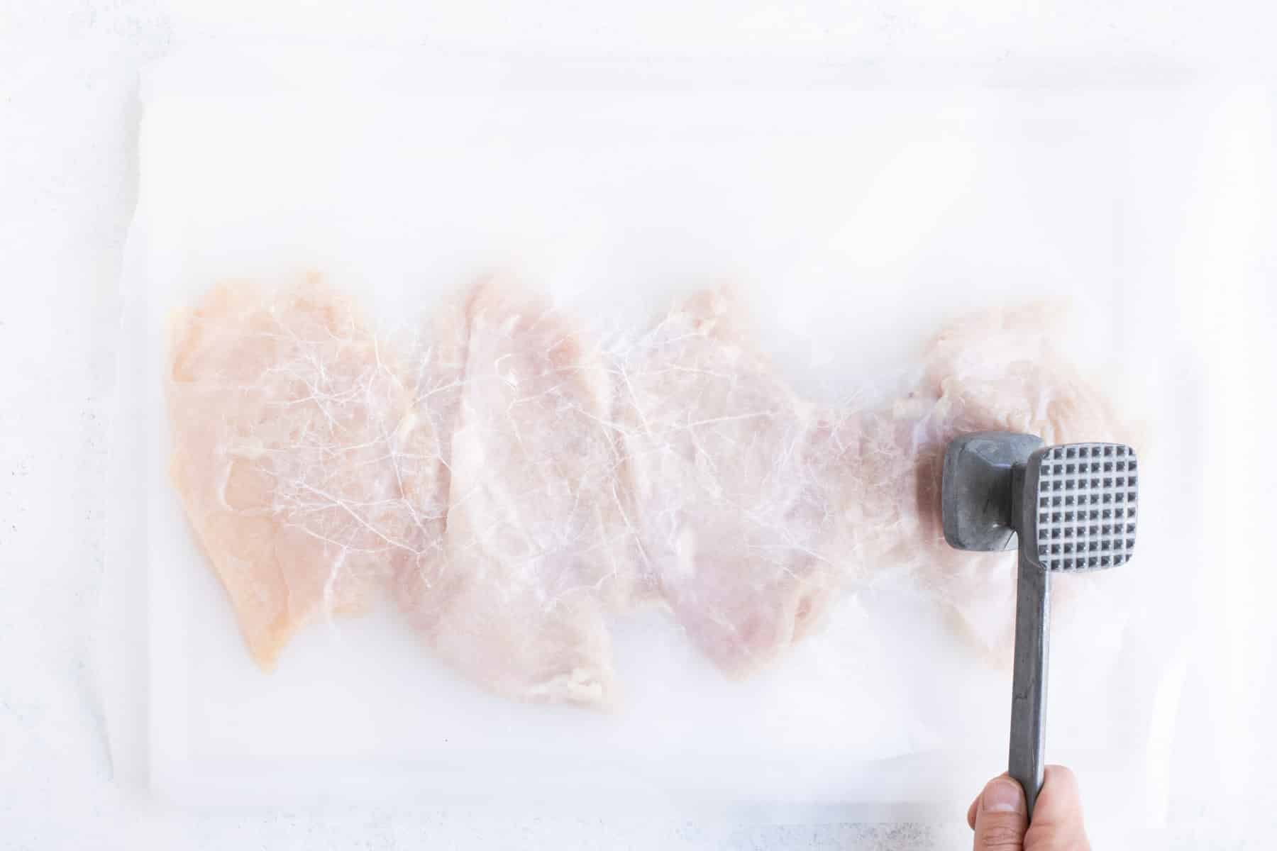 A meat mallet flattens chicken breasts.