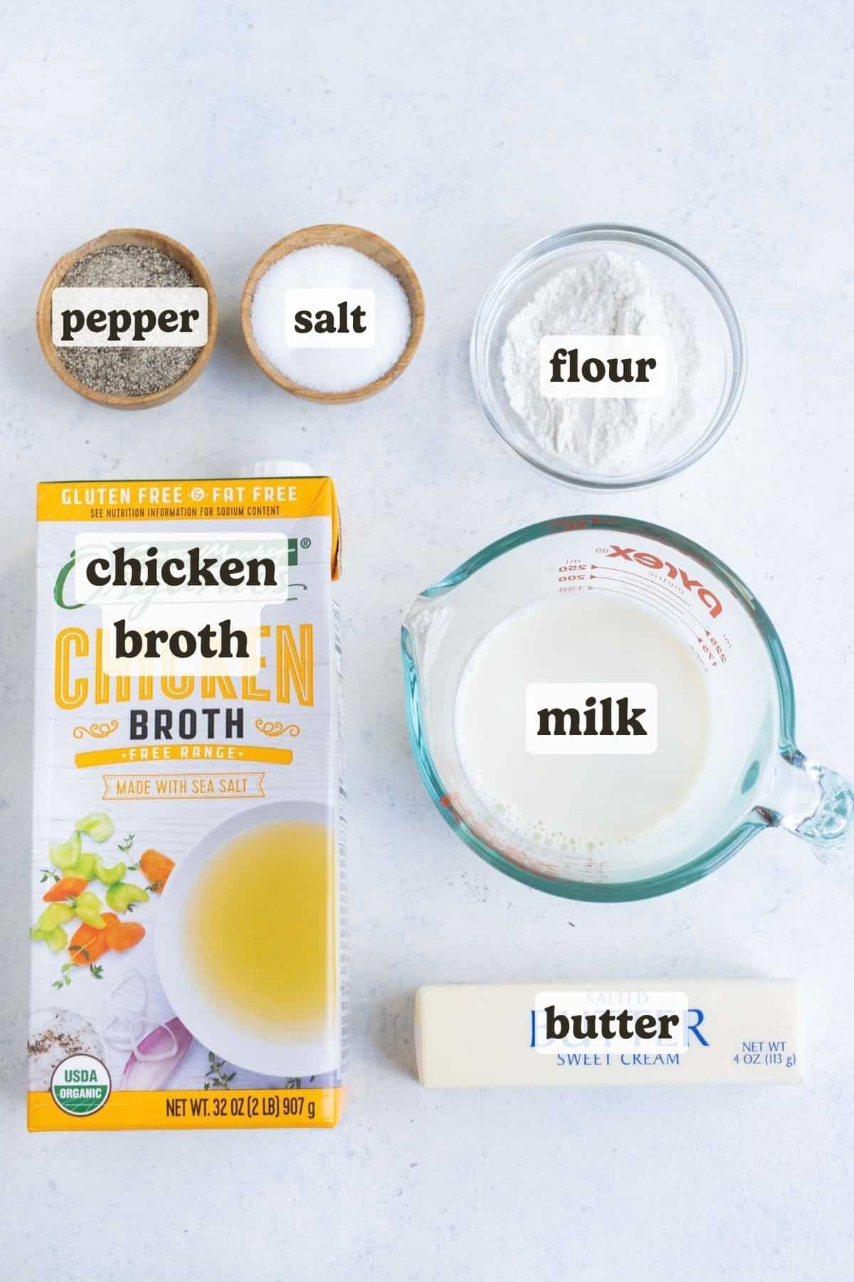 Butter, flour, broth, milk, and seasonings are the ingredients for this gravy recipe.