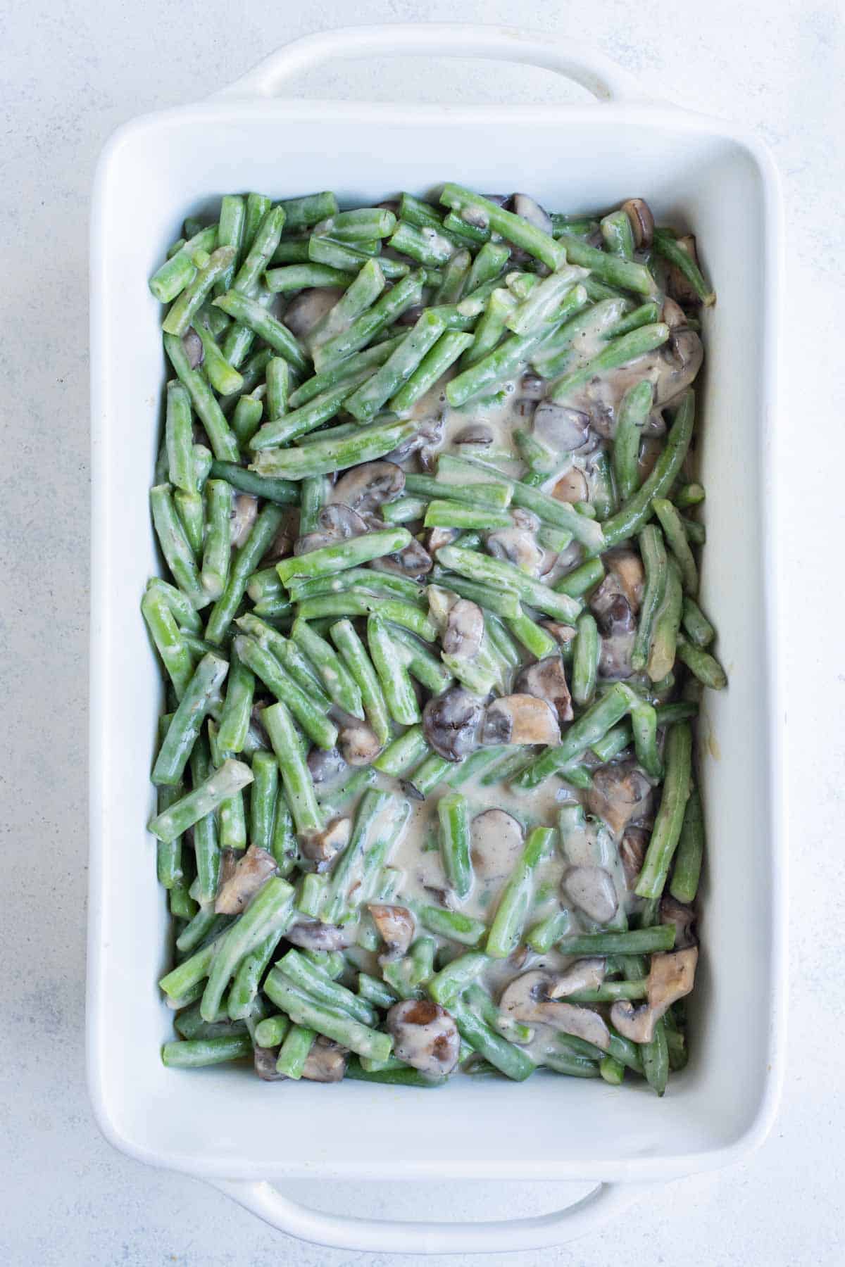 Green beans coated with homemade cream of mushroom soup.
