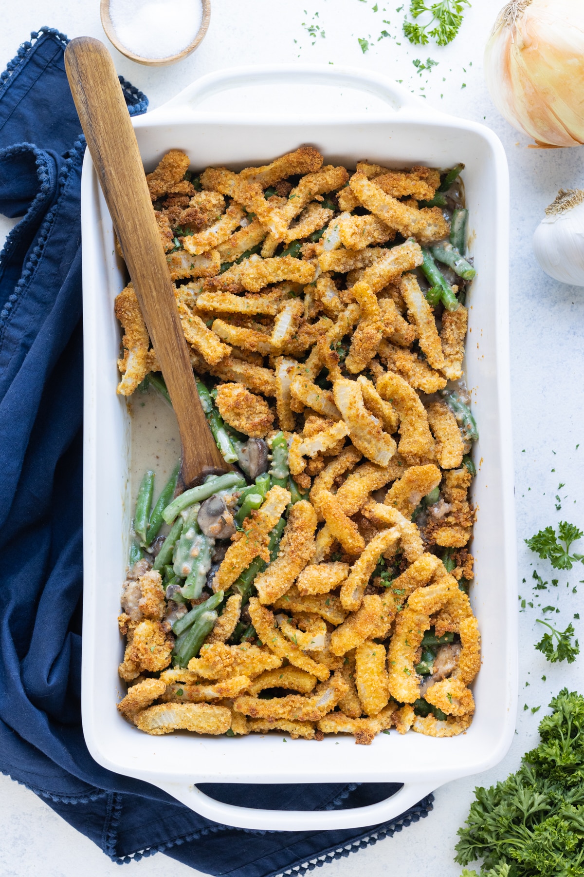 Green bean casserole from scratch is a delicious and healthy holiday side dish.