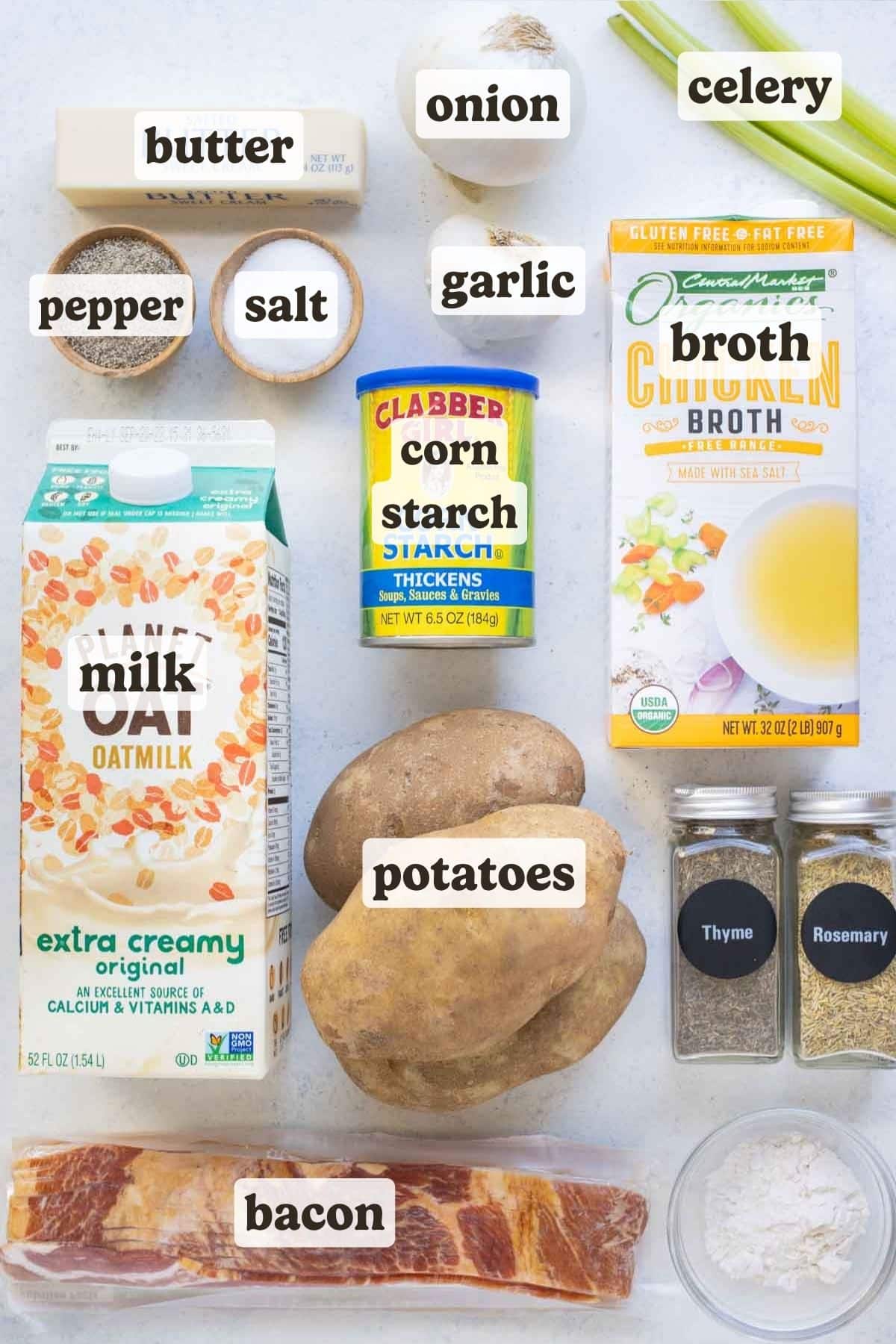 Potatoes, milk, onion, garlic, bacon, broth, and seasonings are the ingredients for potato soup.