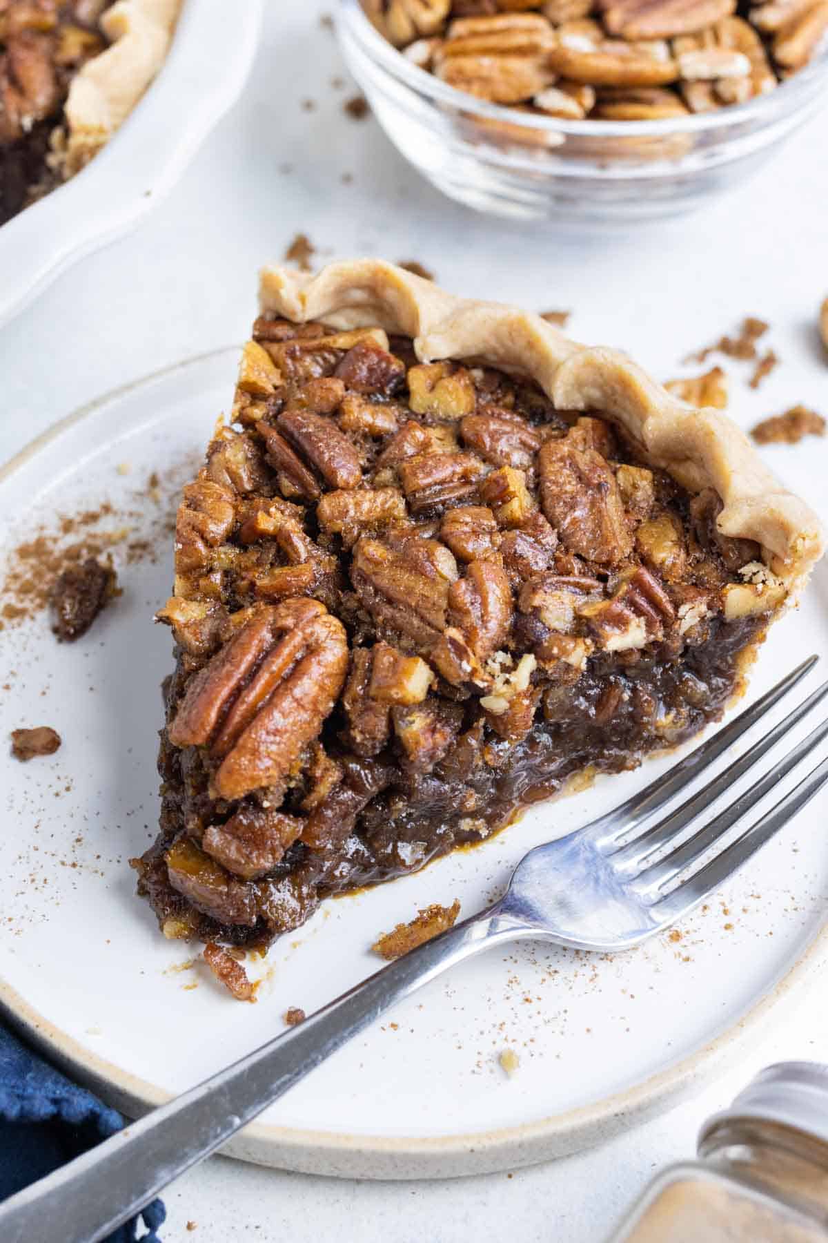 A piece of pecan pie is shown on a plate with toasted pecans.