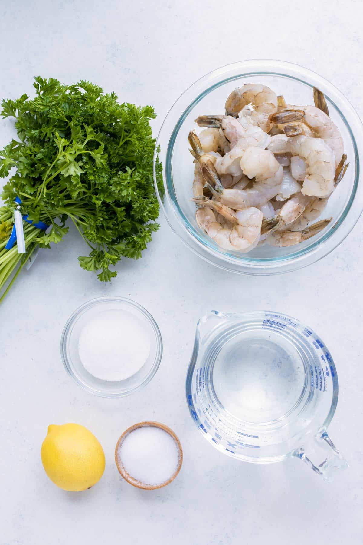 Shrimp, water, parsley, lemons, sugar, water, and cocktail sauce are the ingredients needed for this recipe.