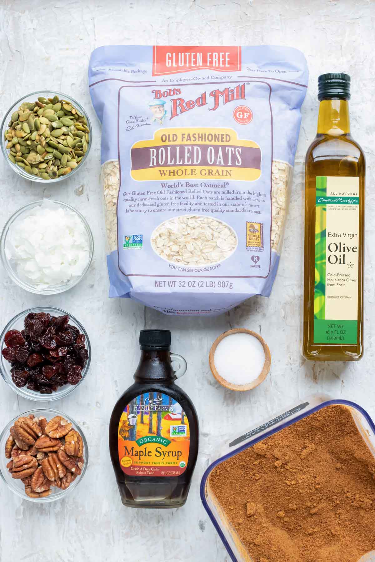 Ingredients for a gluten-free and vegan homemade granola recipe.