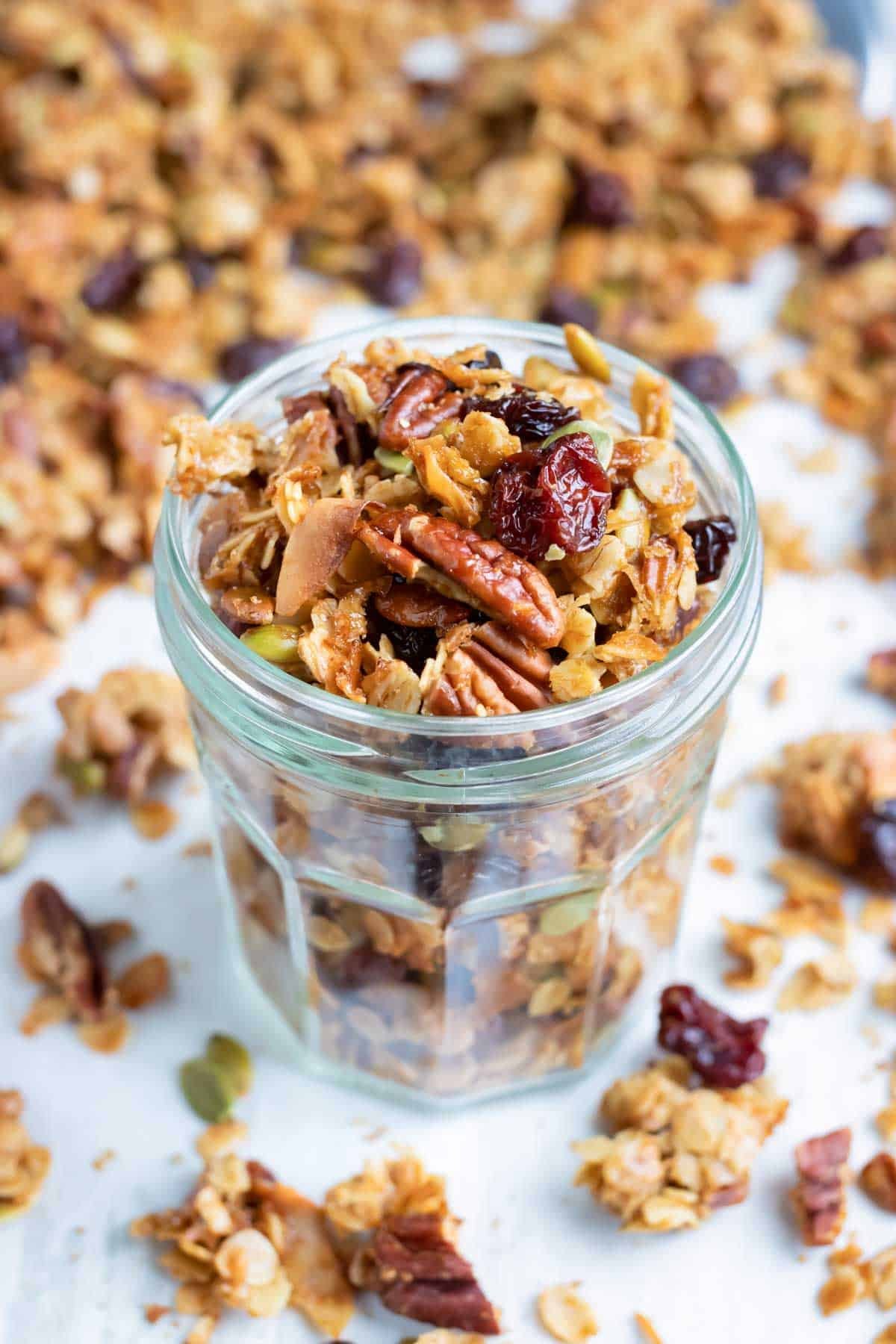 Gluten-free granola that is homemade, healthy, and easy to make for a camping or road trip.