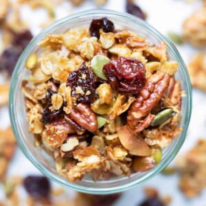 A close-up image of granola that has been made from scratch with gluten-free oats, vegan syrup, and Paleo sugar.