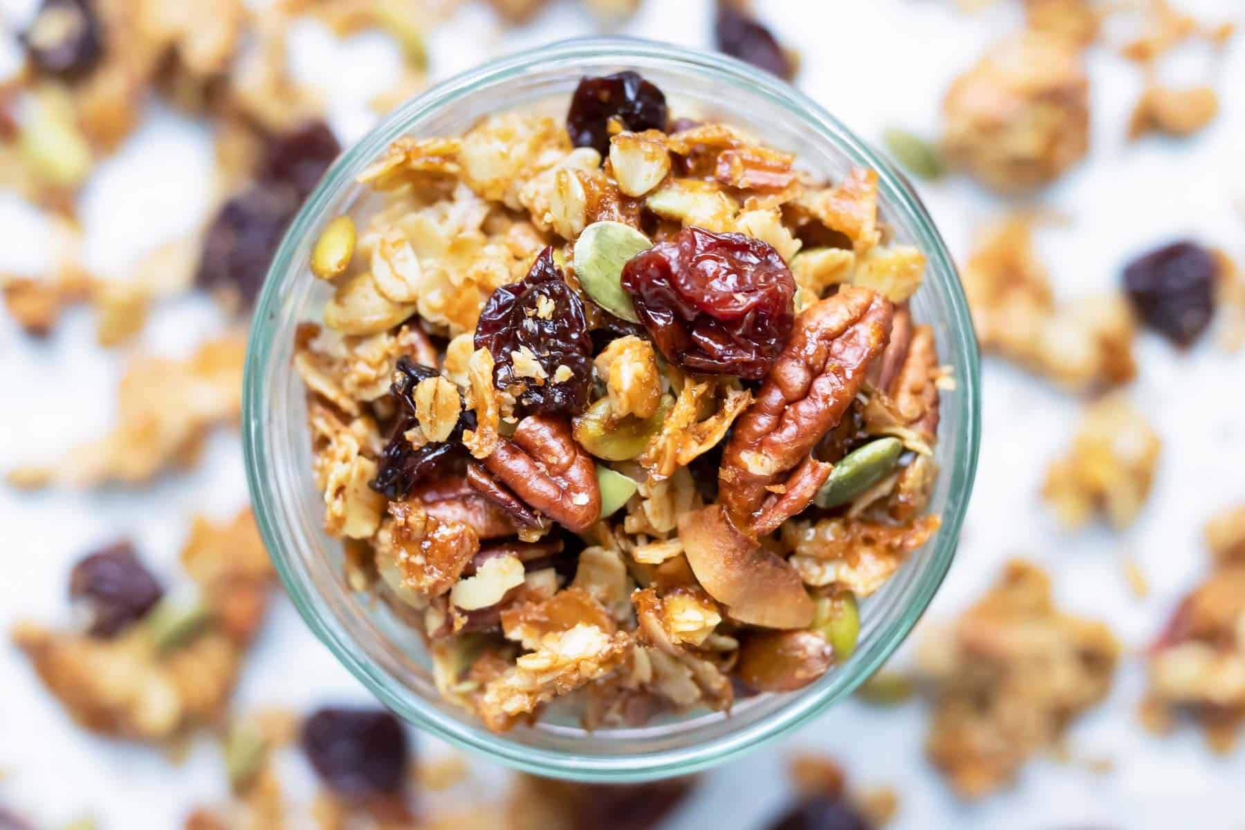 A close-up image of granola that has been made from scratch with gluten-free oats, vegan syrup, and Paleo sugar.