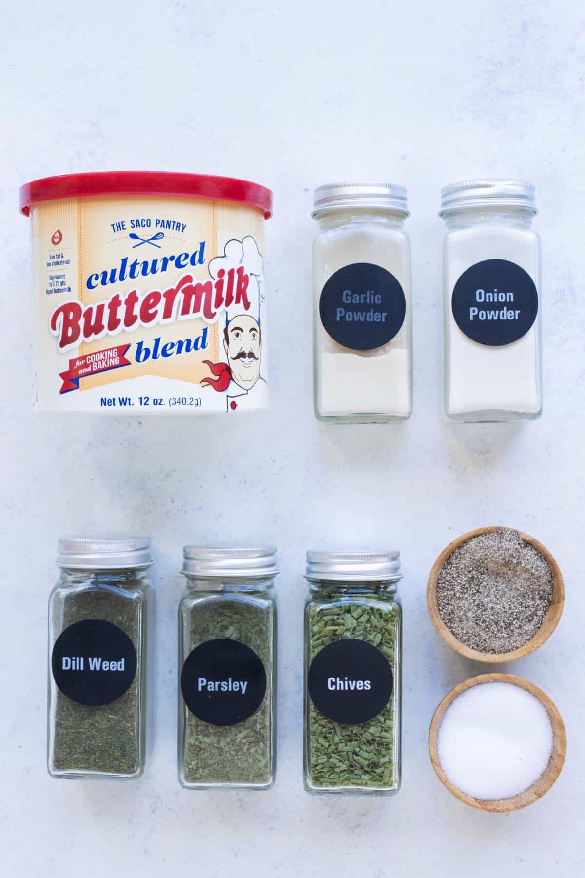Dried buttermilk, dill, parsley, garlic, and onion are the ingredients for this spice blend.