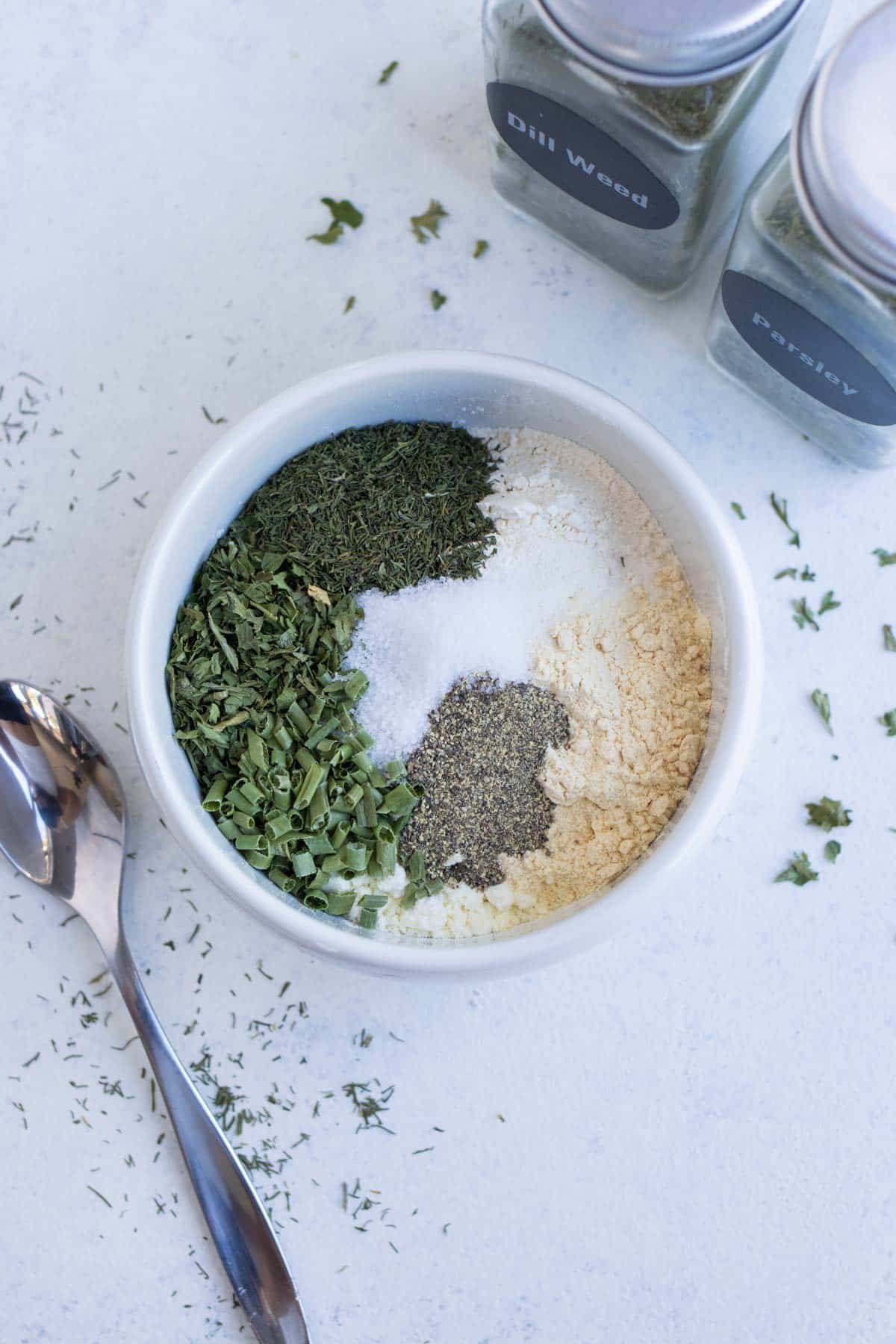 An overhead shot of ranch seasoning ingredients.