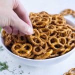 Ranch seasoned pretzels are quick and easy to make.
