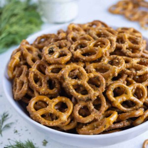 Ranch seasoned pretzels are a delicious treat for a get together.