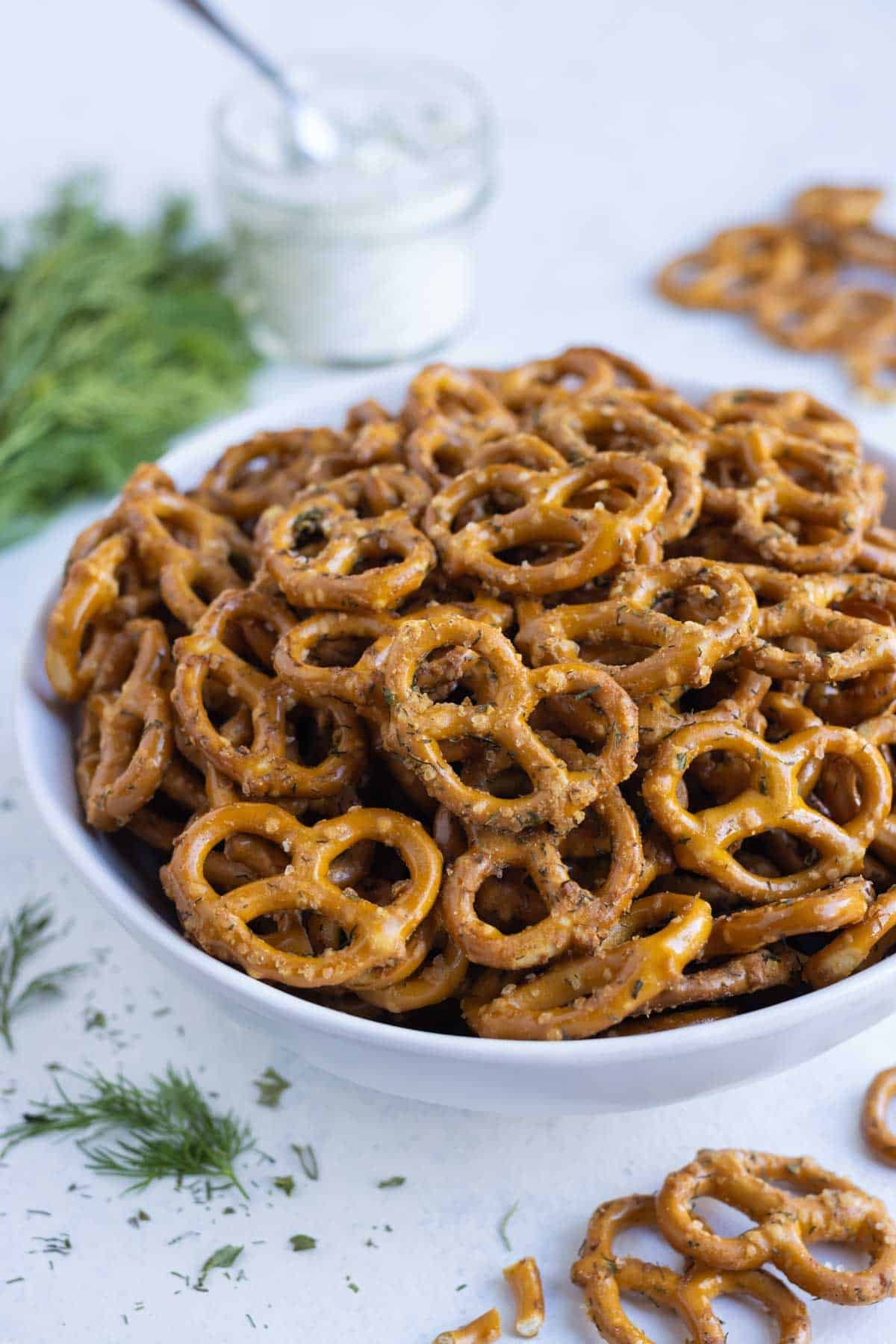 Ranch seasoned pretzels are a delicious treat for a get together.