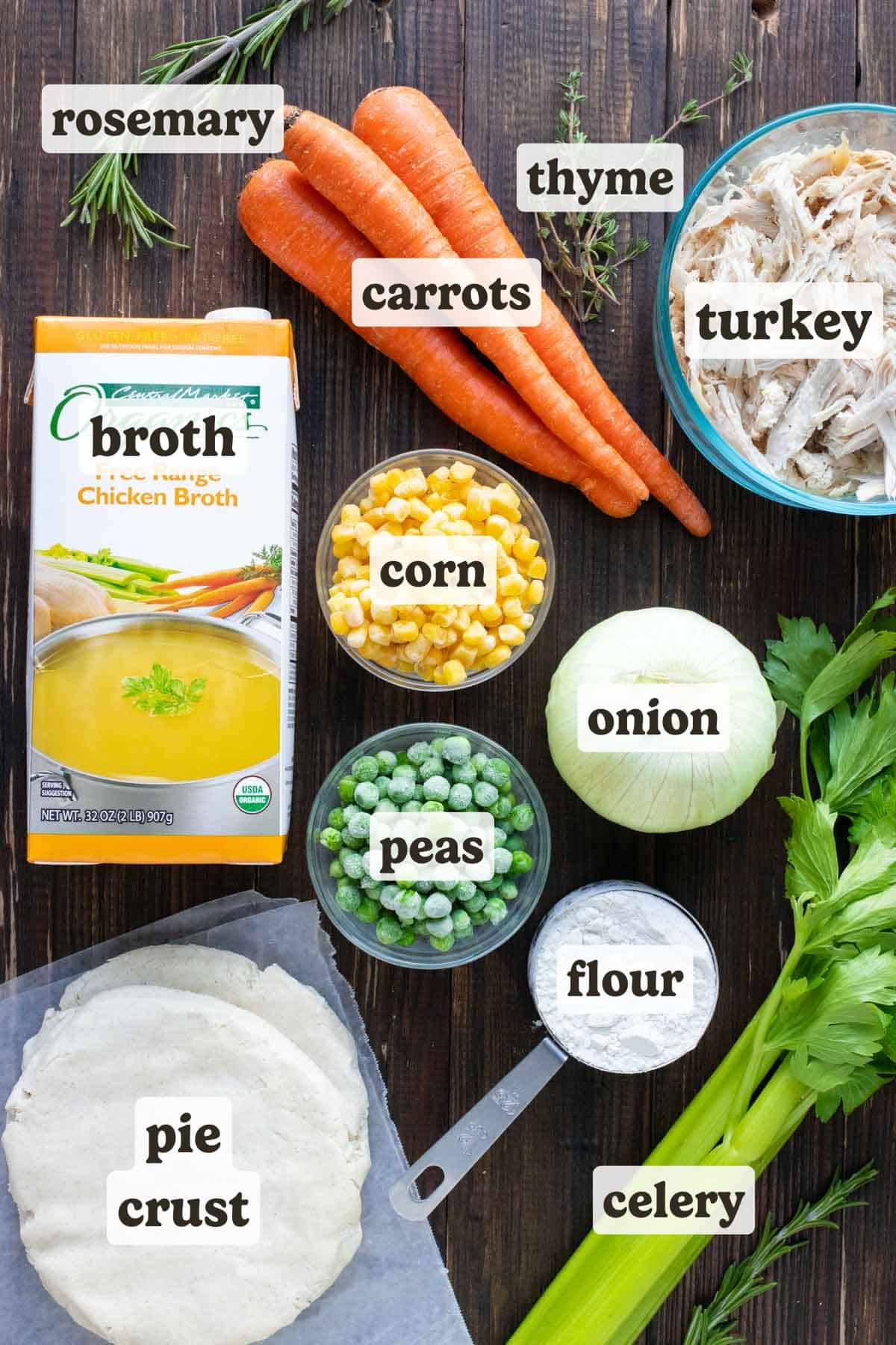 Carrots, celery, onion, garlic, flour, milk, broth, turkey, and pie crusts are the ingredients in this recipe.