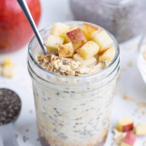 Healthy overnight oats are ready to enjoy first thing in the morning.