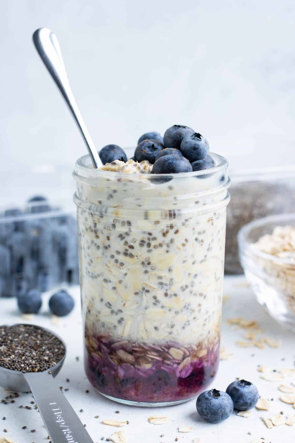 Jammy blueberries are the perfect addition to overnight oats.