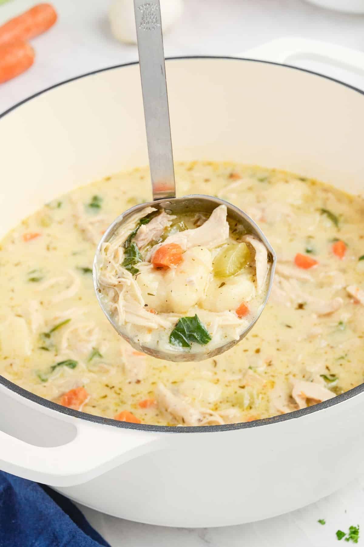A ladle scoops out chicken gnocchi soup.