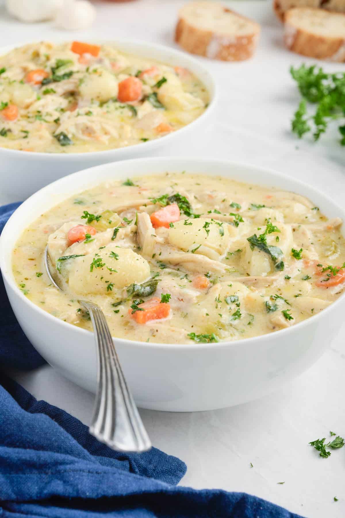 A serving of this chicken gnocchi soup is delicious on cold evening.