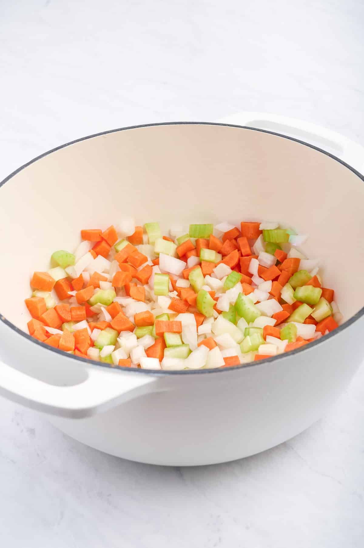 Celery, onion, and carrot are sauteed.