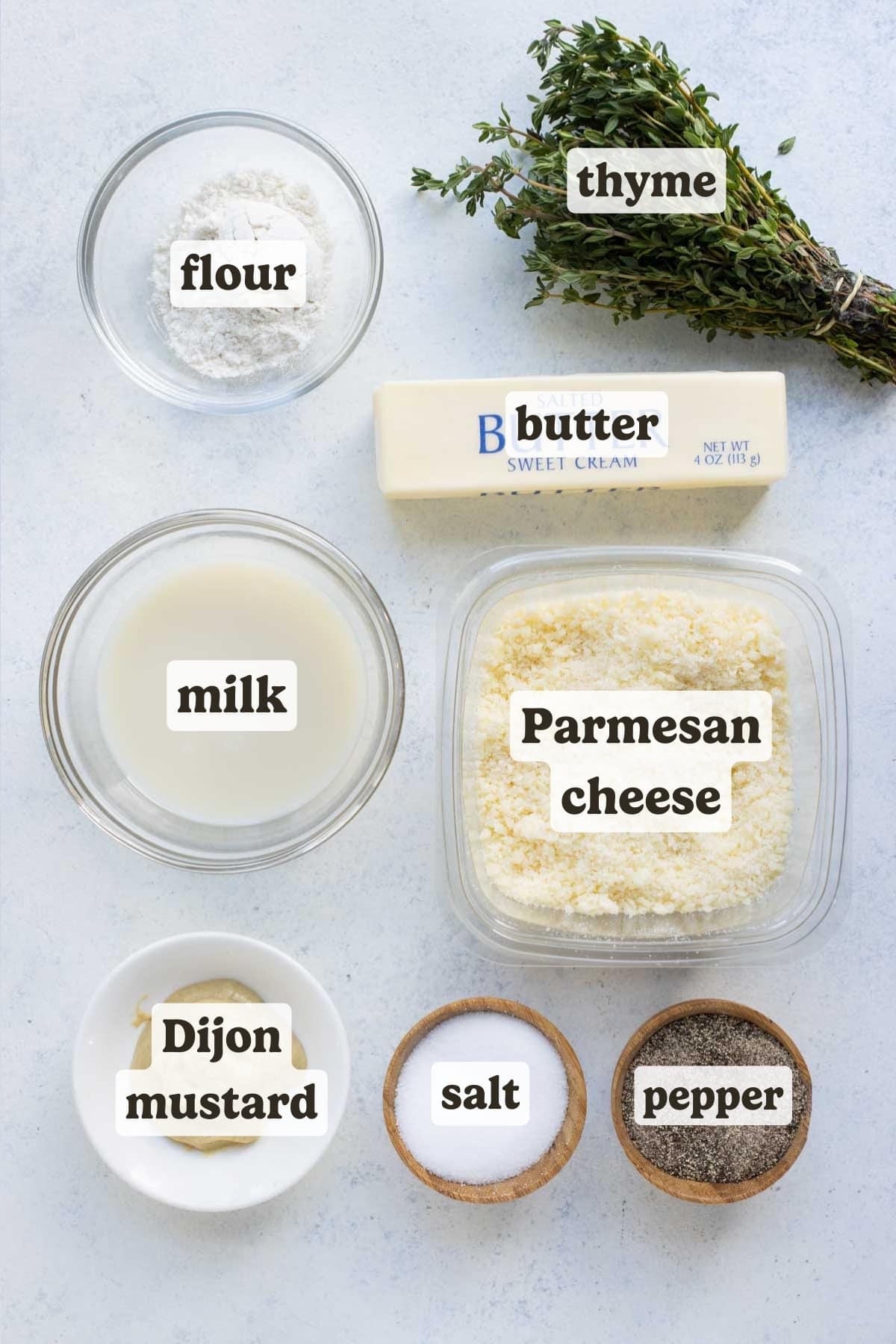 Butter, flour, herbs, mustard, and cheese are the ingredients for the sauce.