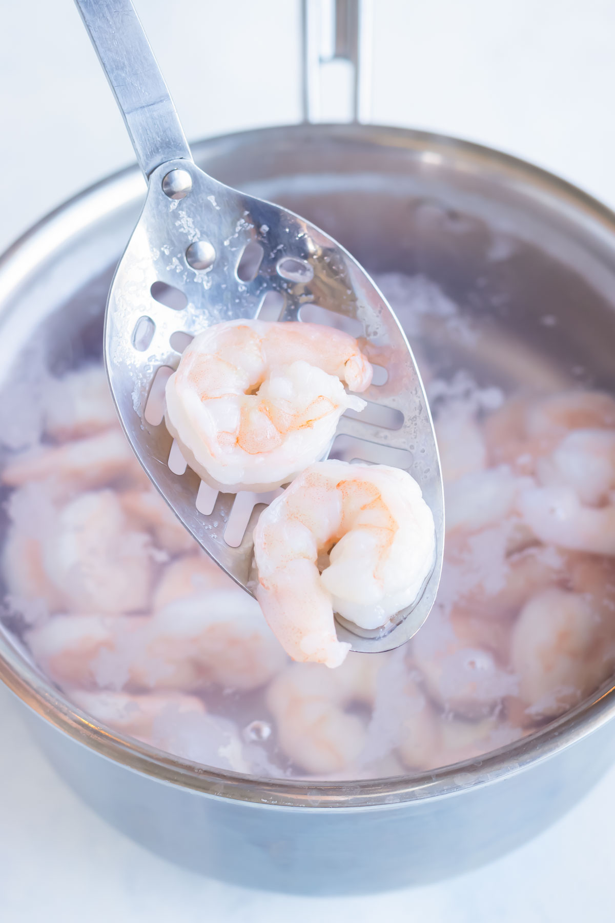 Shrimp is boiled in a pot.