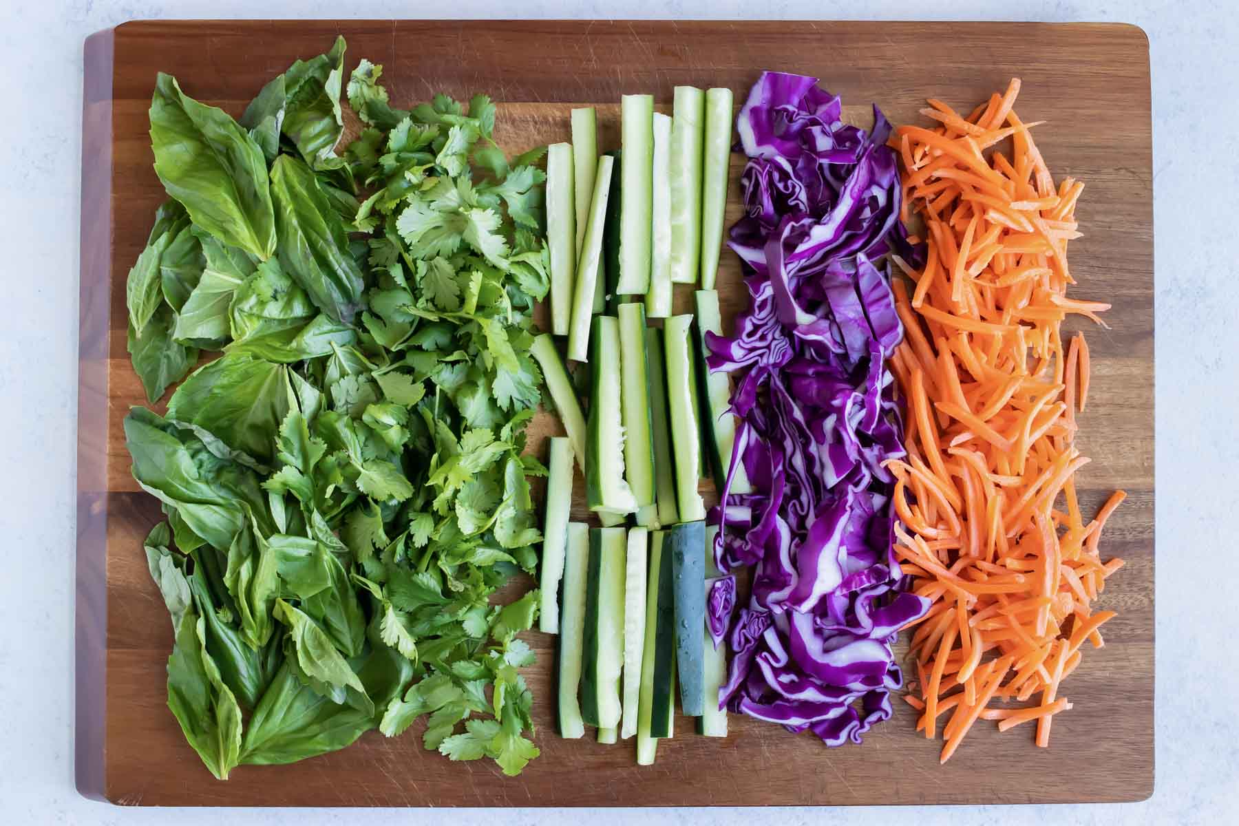 Fresh veggies are cut into strips.