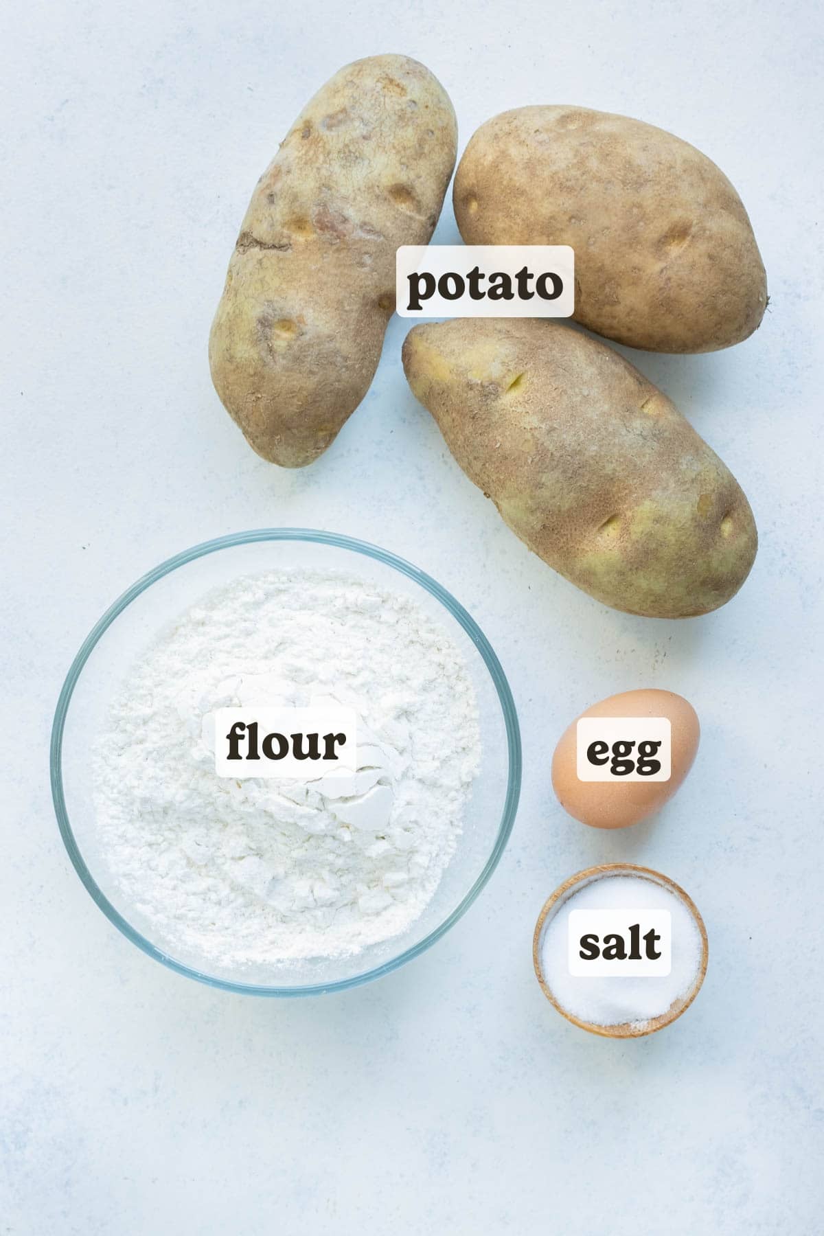 Potatoes, egg, and flour are the ingredients for gnocchi.