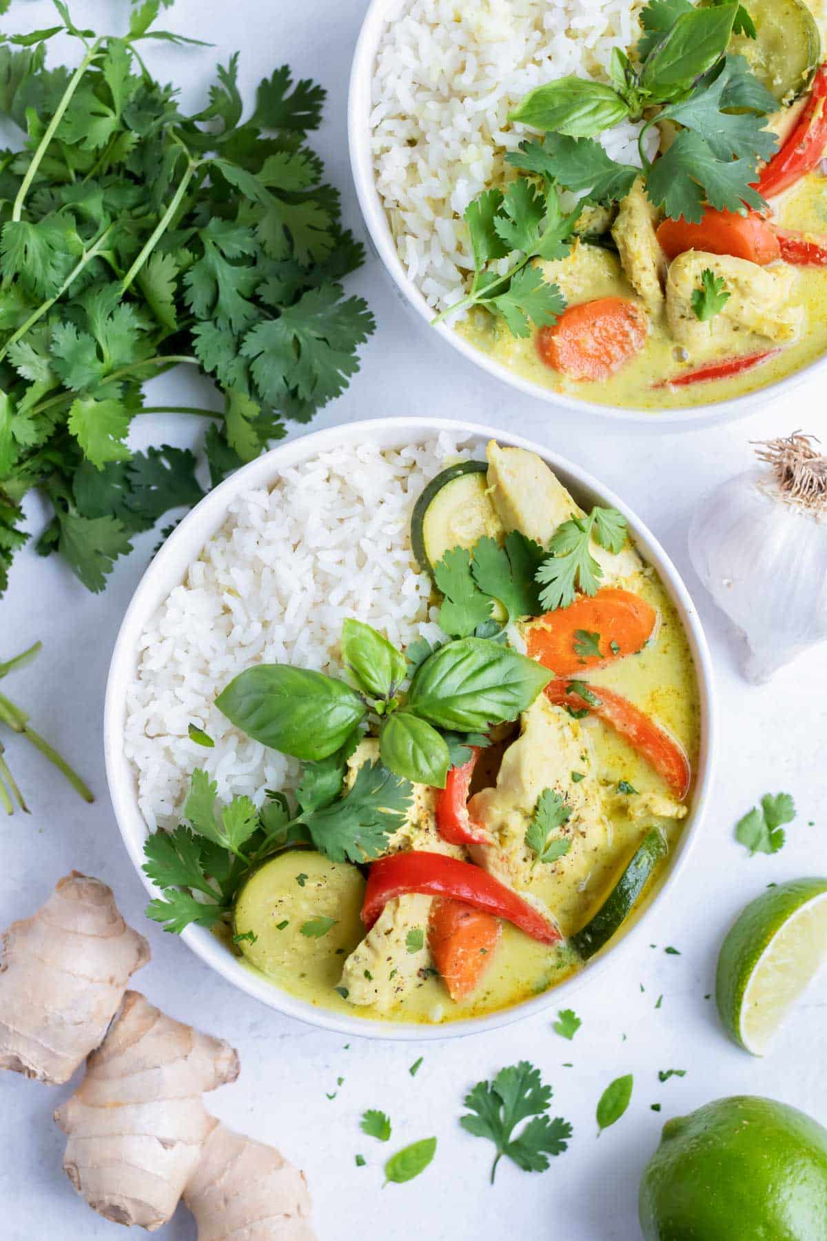 Fresh ingredients are used in this homemade Thai green chicken curry.