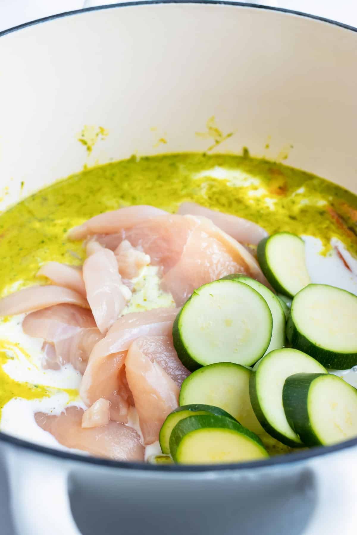 Sliced zucchini and chicken are added to this fresh Green chicken curry recipe.