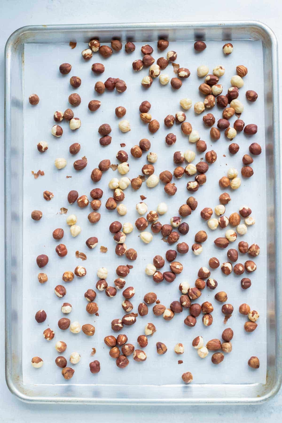 Hazelnuts are easily toasted on a lined baking sheet.