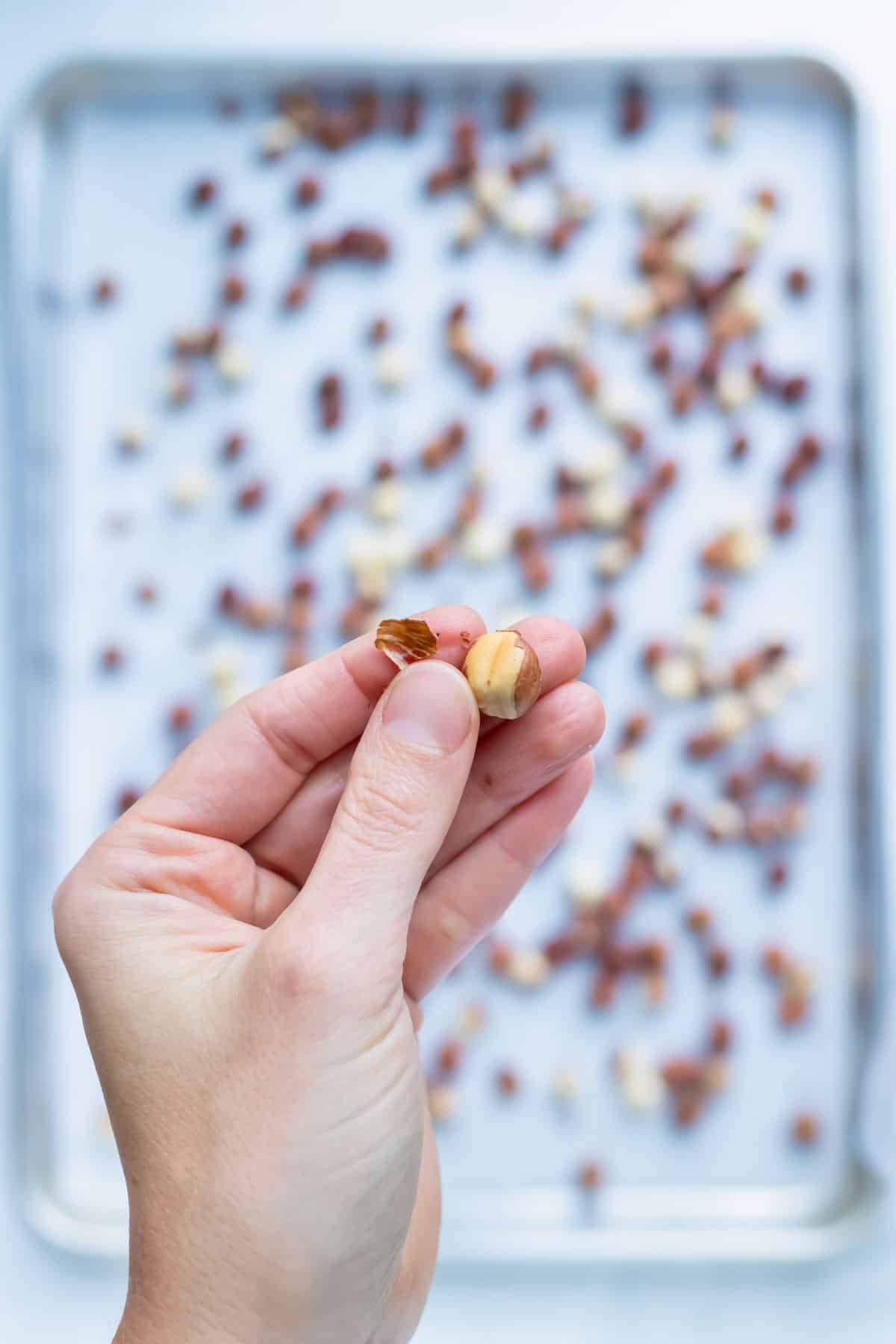 Toasted hazelnuts have the peel removed by hand.