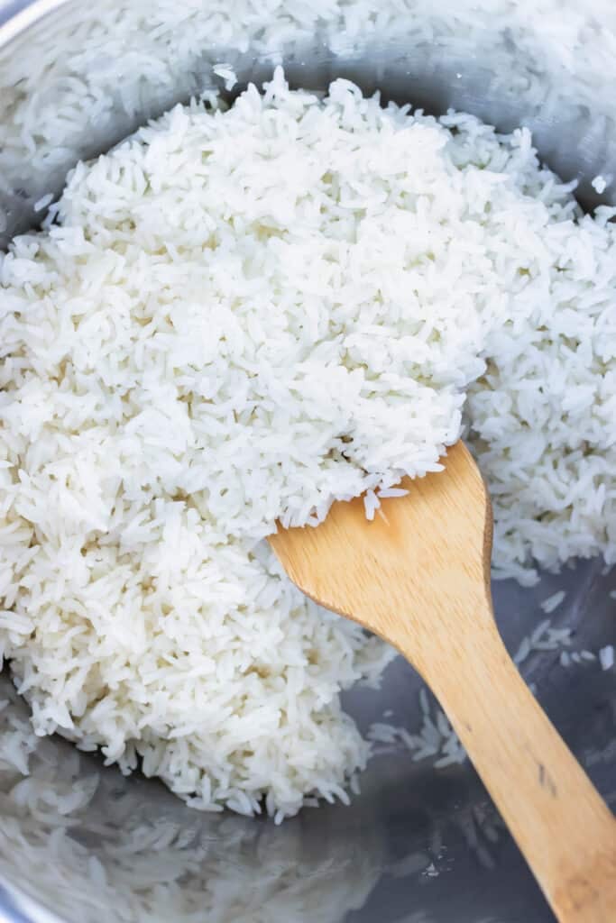 Tender white rice is made in your instant pot for a simple side dish.