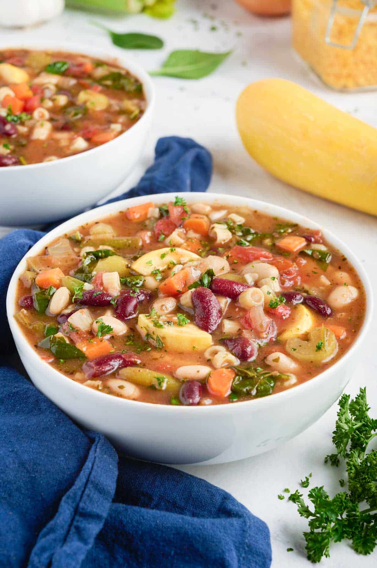 Two bowls of a copycat Olive Garden Minestrone soup recipe.