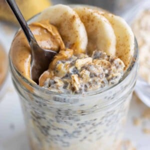 A closeup shot of overnight oats that sit in the fridge all night.