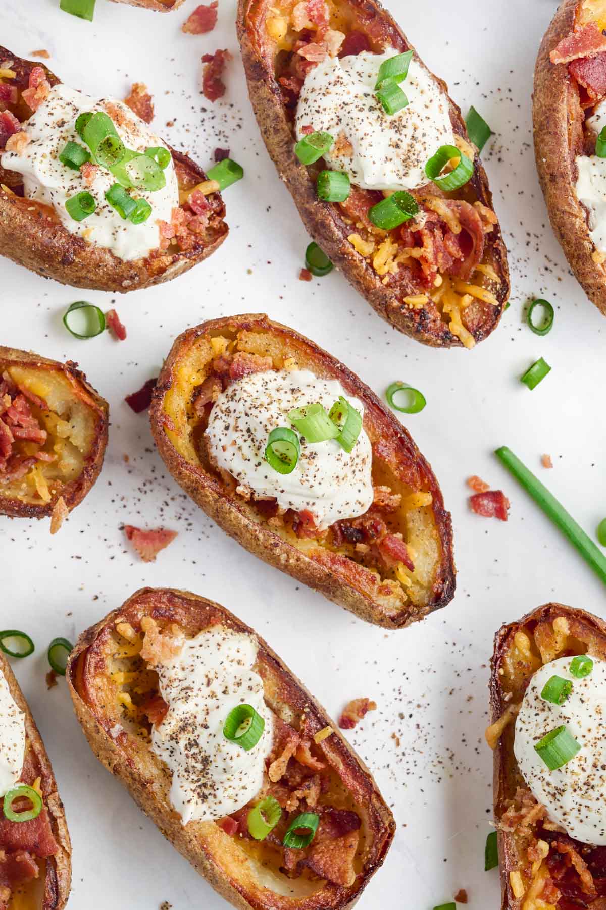 Baked potato skins are crispy and delicious.