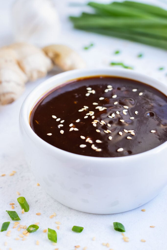 Sweetened with honey, this homemade teriyaki sauce in a bowl is a sweet and sticky marinade.