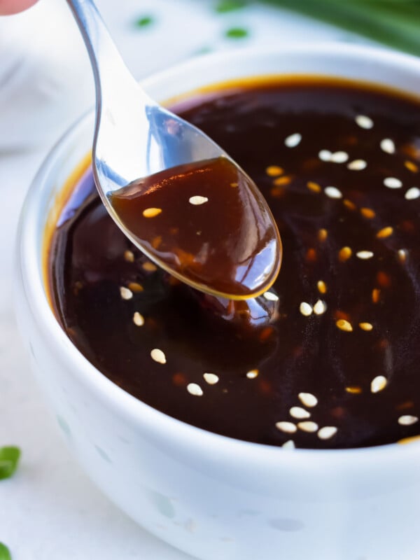 Sweetened with honey, this homemade teriyaki sauce in a bowl is a sweet and sticky marinade.