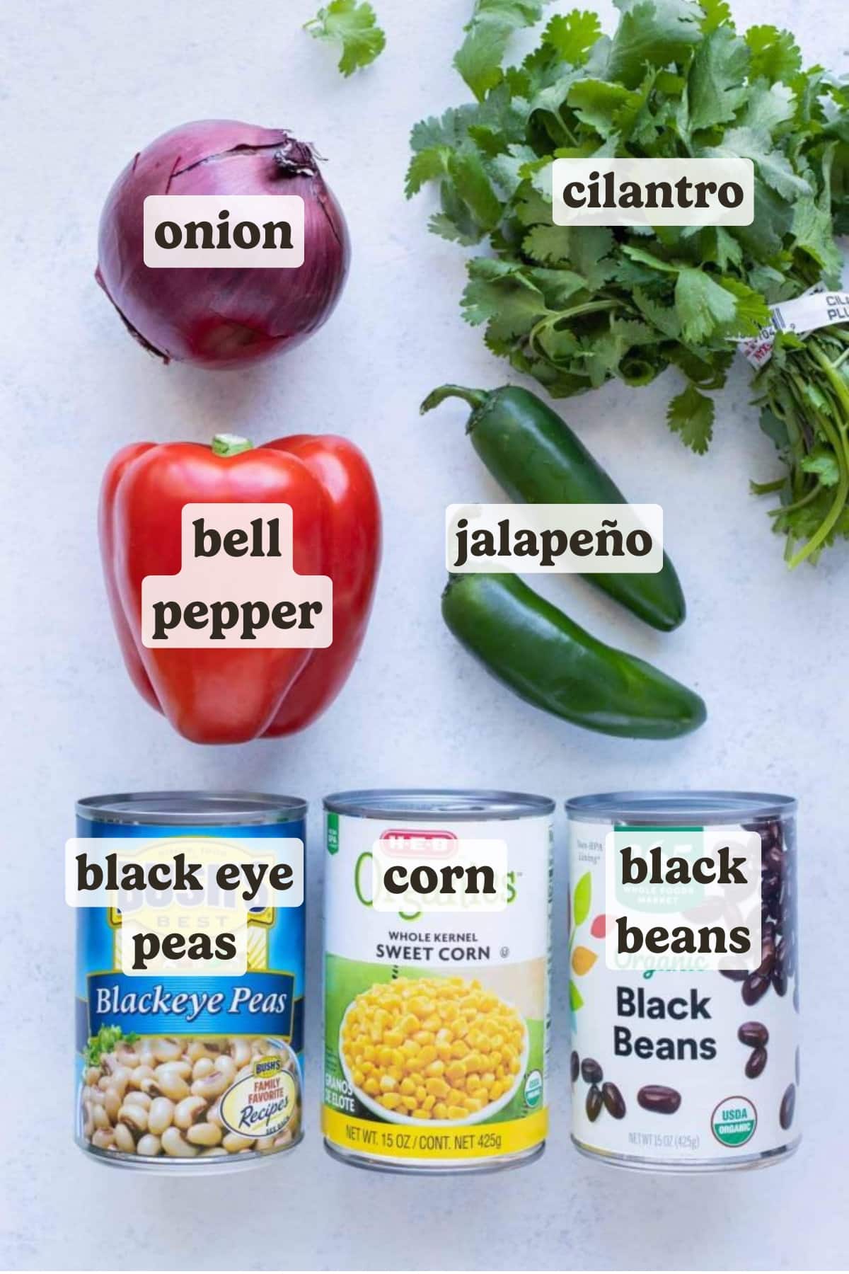 Black beans, corn, black eyed peas, peppers, onions and cilantro are the ingredients in this recipe.